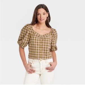 Universal Thread Checkered Puff Sleeve Blouse - Brown and Tan